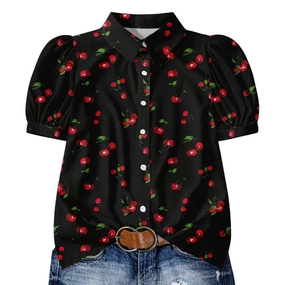 Black Cherry Print Puff Sleeve Button Down Blouse Rockabilly Retro Top | Medium - Picture 2 of 9
